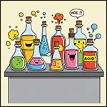 Acids in bottles, comic style image.